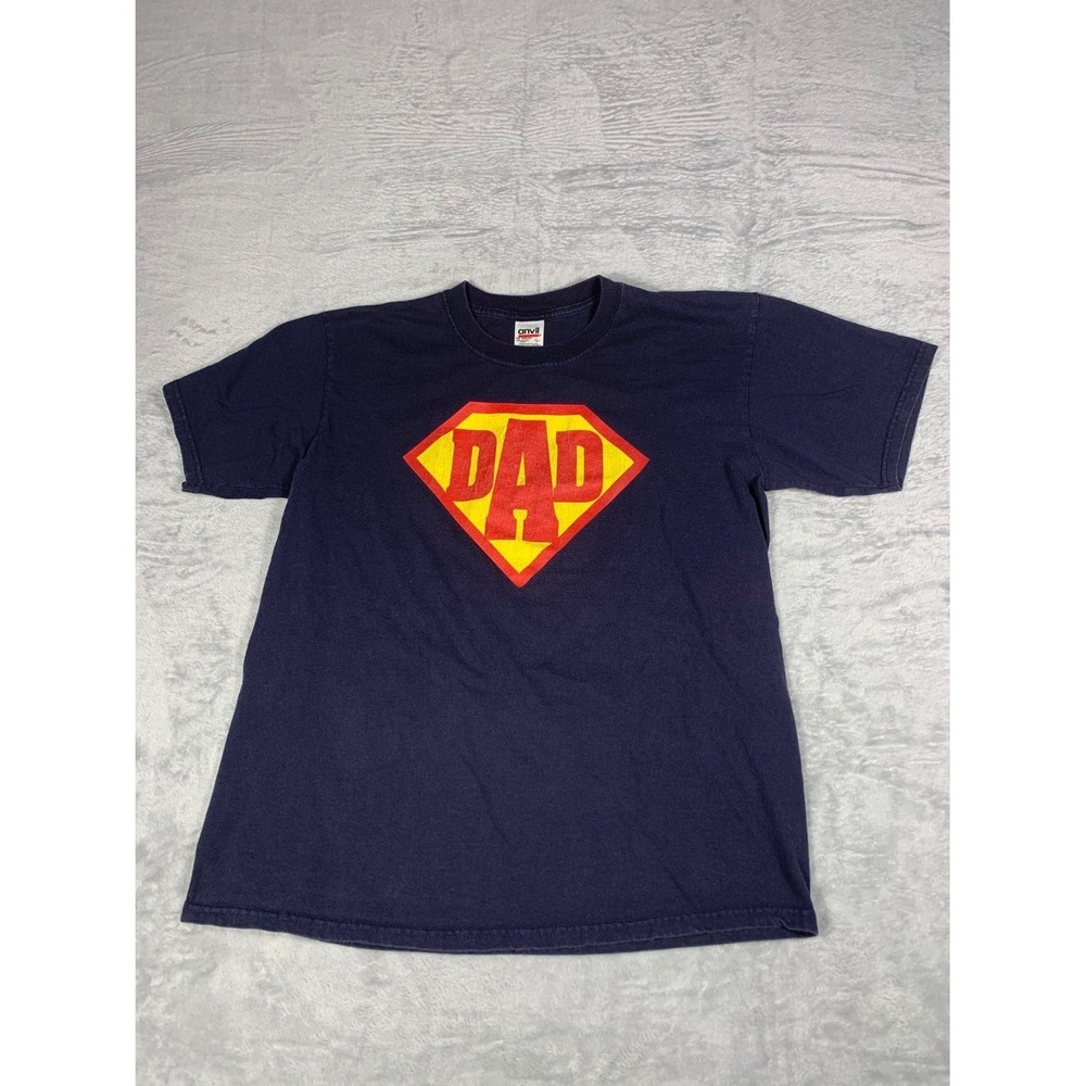 VTG Anvil Super Dad Shield Graphic T-Shirt Men Size L Navy Blue Short Sleeve
